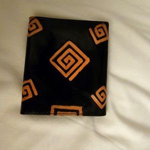 Black trifold wallet with tan Aztec design. Genuine European Leather